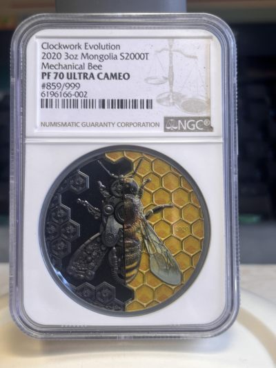 【海寧潮A】获奖蒙古2020年钟表进化机械蜜蜂发条3盎司纪念银币NGC-PF70无盒无证书，原价3850元