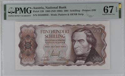 收藏联盟Quantum Auction 第313期拍卖  - 奥地利1965 (ND 1966)年500先令 PMG67 号码无47 发明家雷瑟尔