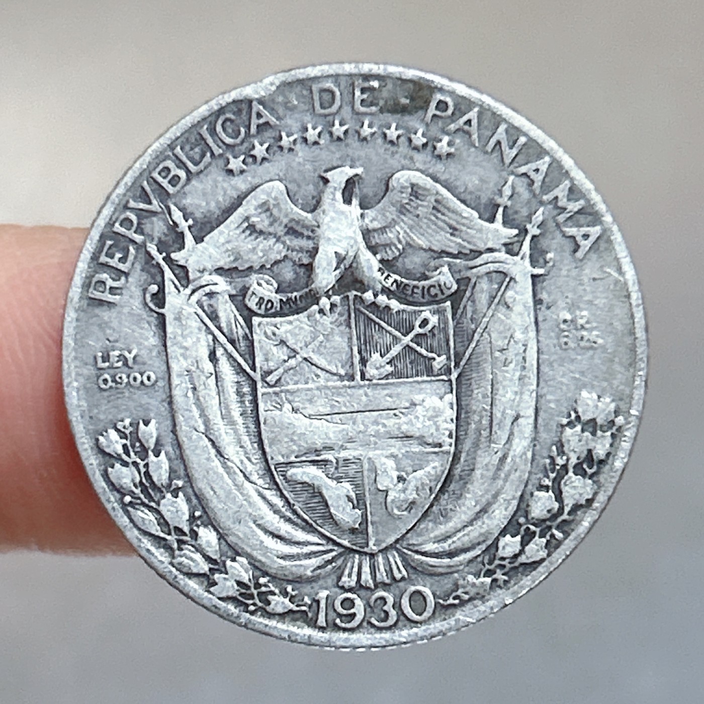 全场一元起拍 世界钱币散币、银币专场 第49期 巴拿马1930年征服者武士25分 1/4巴波亚银币 好品 重6.2g