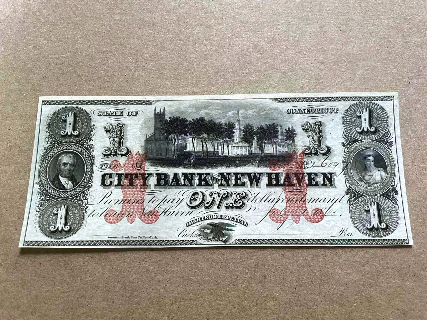 【Blue Auction】✨世界纸币精拍第409期【精】 美国 康涅狄格州 1865年1美金 带号码 大场景设计精美 全新UNC