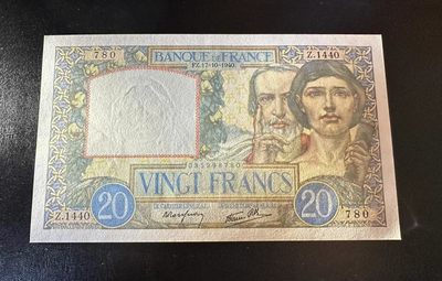 【Blue Auction】✨世界纸币精拍第409期【精】 法国 1940年20法郎 UNC- 无针孔 左边缘有一点黄