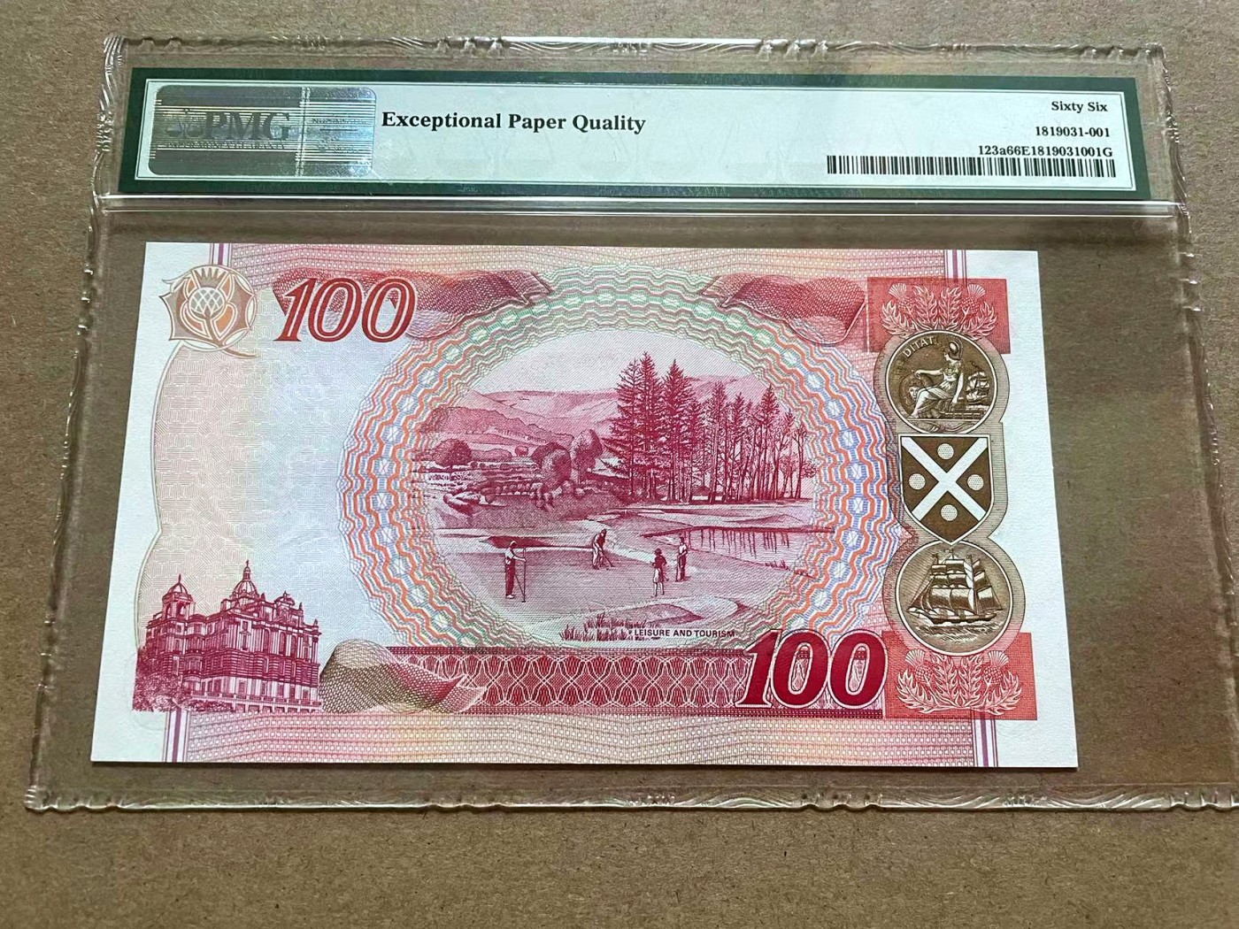 【Blue Auction】✨世界纸币精拍第409期【精】 【AA冠001188倒置号靓号 初版冠军分罕见】苏格兰 1995年100镑 PMG66EPQ 纪念钞 背面大场景耐看  