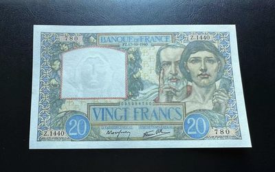 【Blue Auction】✨世界纸币精拍第409期【精】 法国 1940年20法郎 UNC- 无针孔 左边缘有一点黄