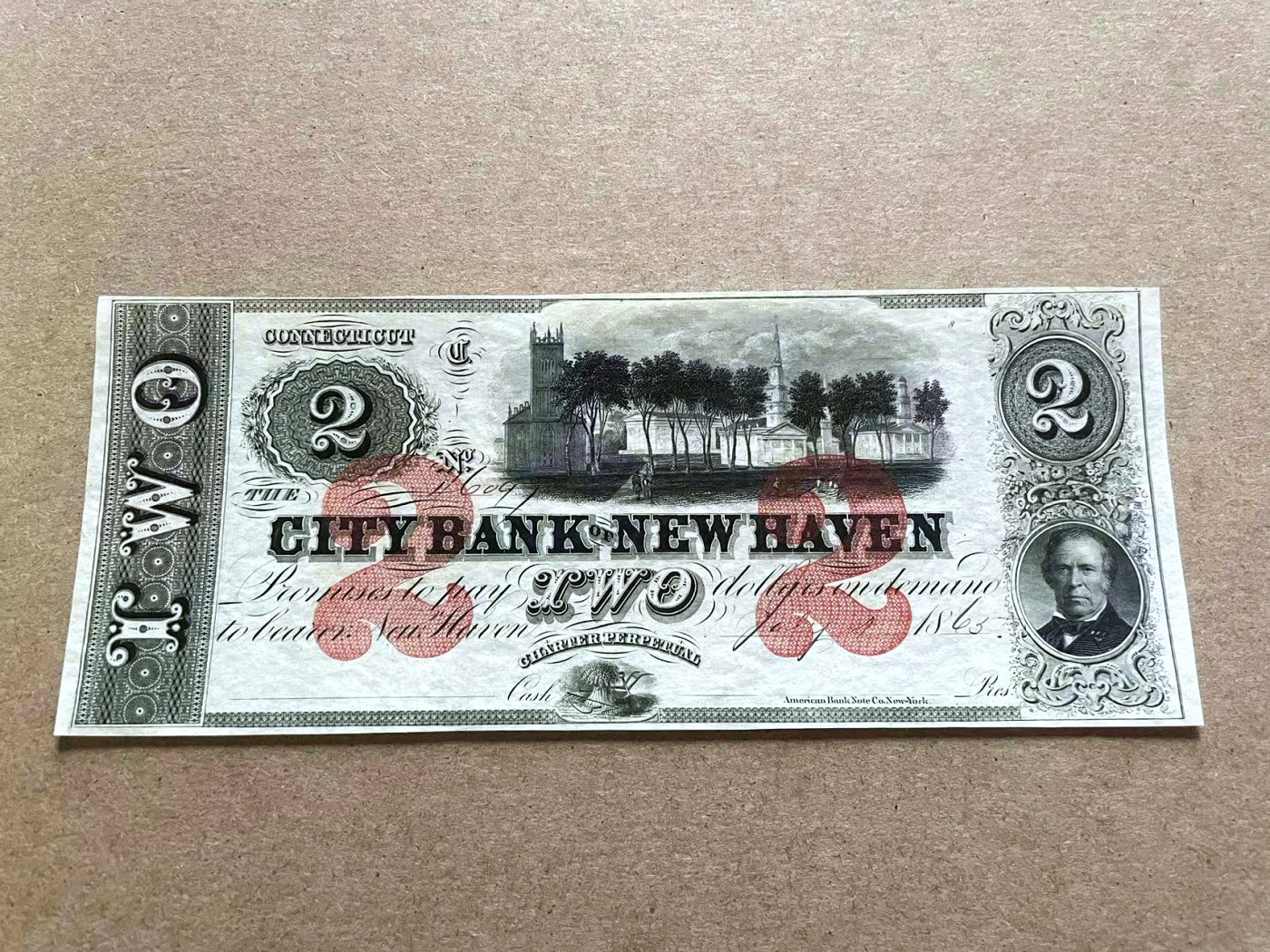 【Blue Auction】✨世界纸币精拍第409期【精】 美国 康涅狄格州 1865年2美金 带号码 大场景设计精美 全新UNC