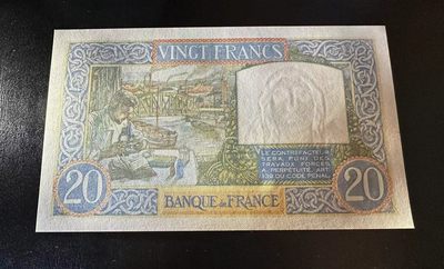 【Blue Auction】✨世界纸币精拍第409期【精】 法国 1940年20法郎 UNC- 无针孔 左边缘有一点黄
