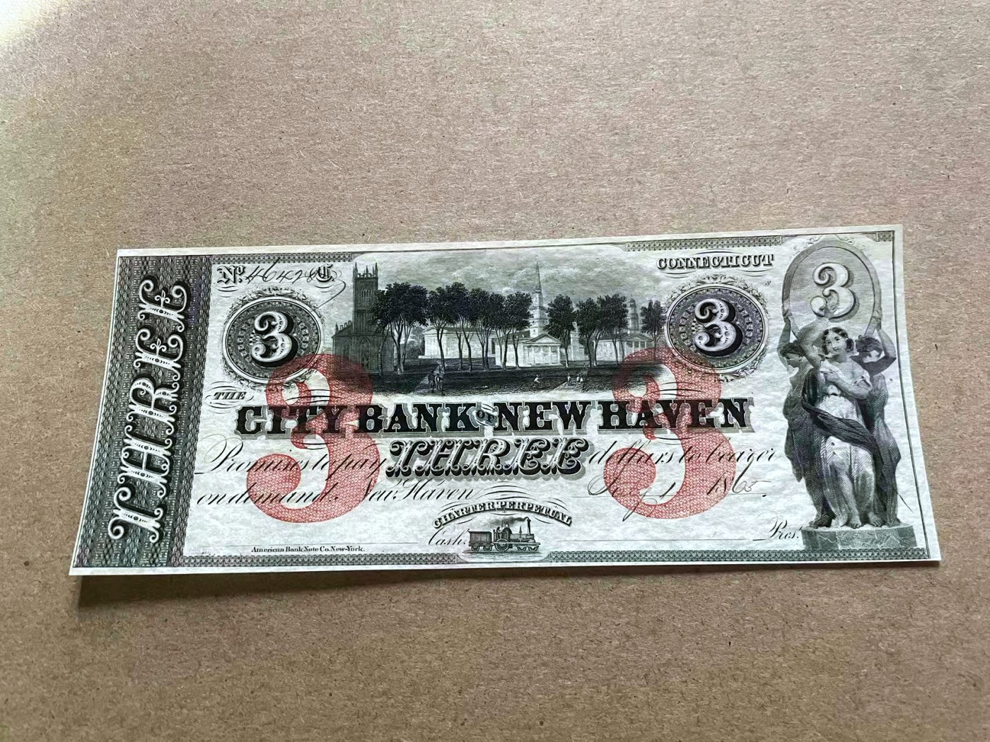 【Blue Auction】✨世界纸币精拍第409期【精】 美国 康涅狄格州 1865年3美金 带号码 大场景设计精美 全新UNC