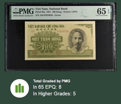 【Blue Auction】✨世界纸币精拍第409期【精】 【亚军分少见】越南民主共和 1951年100盾 青色版高分少见 胡志明 PMG65EPQ 绝品 