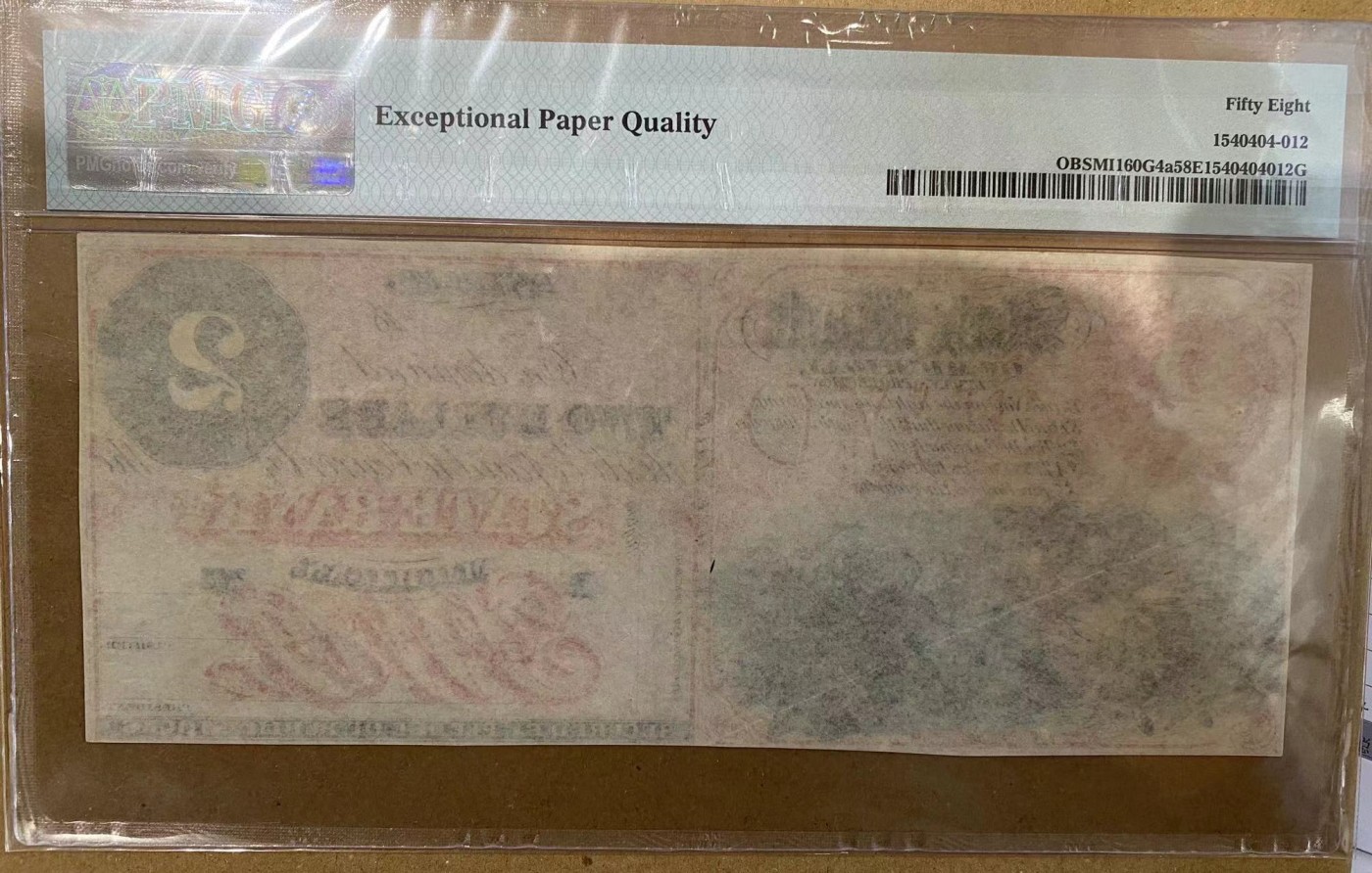 【Blue Auction】✨世界纸币精拍第409期【精】   美国 早期 密歇根州 1859-60年代2美金 印第安人狩猎野牛 雕刻非常漂亮 PMG58EPQ 原票 