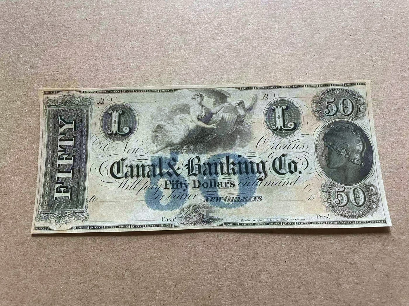 【Blue Auction】✨世界纸币精拍第409期【精】 【蓝色套印 少见品种】美国 新奥尔良 18XX年50美金 双面设计大票幅精美 数字中都是小天使 女神与鹰  UNC