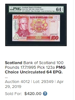 【Blue Auction】✨世界纸币精拍第409期【精】 【AA冠001188倒置号靓号 初版冠军分罕见】苏格兰 1995年100镑 PMG66EPQ 纪念钞 背面大场景耐看  