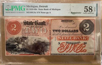 【Blue Auction】✨世界纸币精拍第409期【精】   美国 早期 密歇根州 1859-60年代2美金 印第安人狩猎野牛 雕刻非常漂亮 PMG58EPQ 原票 