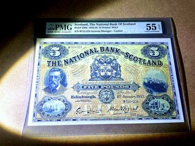 【Blue Auction】✨世界纸币精拍第409期【精】  【状态佳原票无47】苏格兰 1943年1月最早日期 5镑 W&S出品 超级大票幅 各种场景及人像雕刻精美 PMG55EPQ 精美 