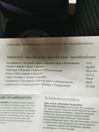 道一币馆币章第二十六场  - 原盒证 芬兰2010年建筑师埃罗·沙里宁诞辰百年10欧元精制银币