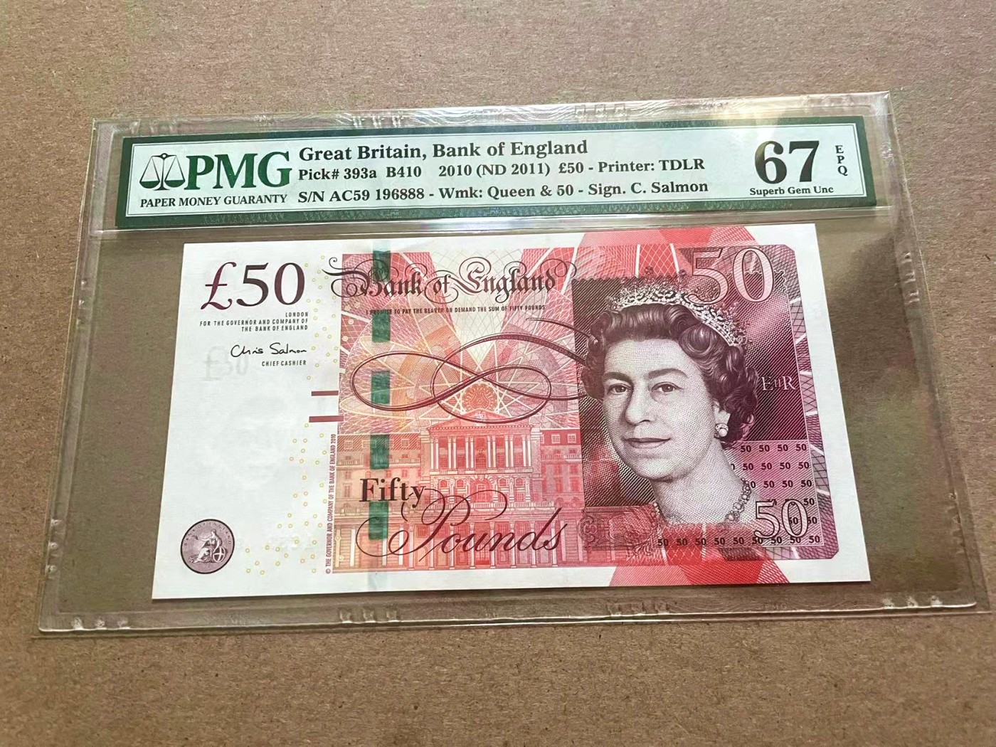 【Blue Auction】✨世界纸币精拍第409期【精】 【888豹子号 倒置号】英国 2011年50镑 PMG67EPQ 高分