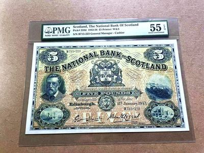 【Blue Auction】✨世界纸币精拍第409期【精】  【状态佳原票无47】苏格兰 1943年1月最早日期 5镑 W&S出品 超级大票幅 各种场景及人像雕刻精美 PMG55EPQ 精美 