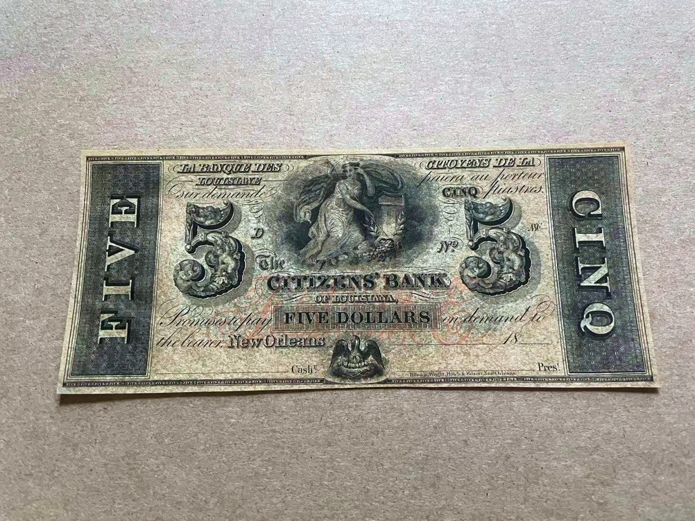 【Blue Auction】✨世界纸币精拍第409期【精】 【少见背面蓝色套印】美国 新奥尔良 18XX年5美金 双面设计大票幅精美 女神 UNC