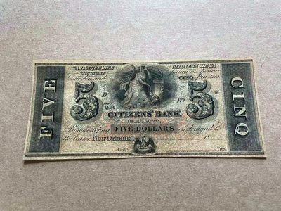 【Blue Auction】✨世界纸币精拍第409期【精】 【少见背面蓝色套印】美国 新奥尔良 18XX年5美金 双面设计大票幅精美 女神 UNC