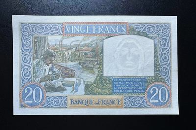 【Blue Auction】✨世界纸币精拍第409期【精】 法国 1940年20法郎 UNC- 无针孔 左边缘有一点黄