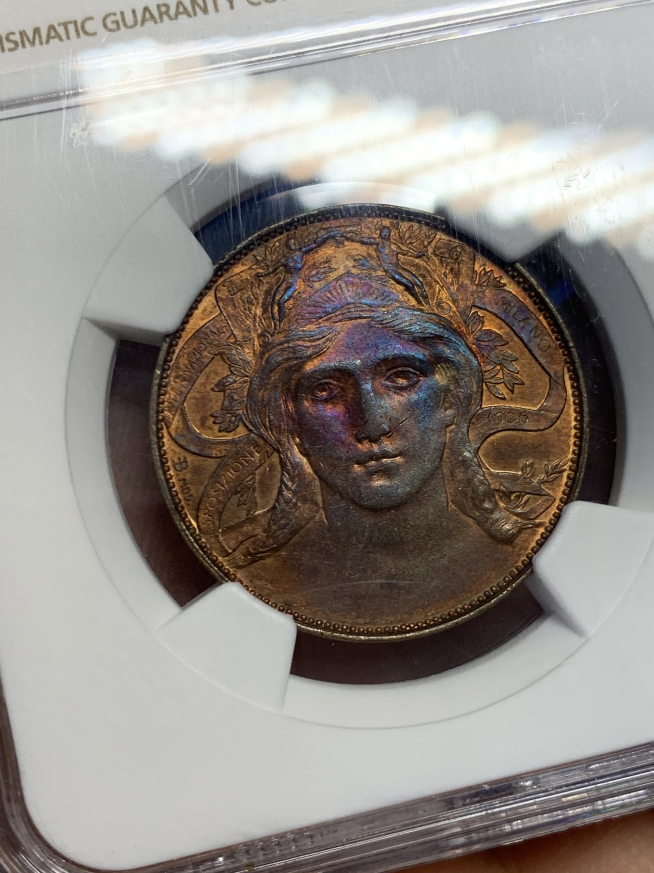 《竞宝斋》圣诞专辑  第一场  第227场 定制纪念章相赠 (全场顺丰包邮) NGC-MS62RB 意大利 1906年 米兰博览会纪念 20分铜币 稀少品种 RB的品相首拍 绝美人脸加五彩