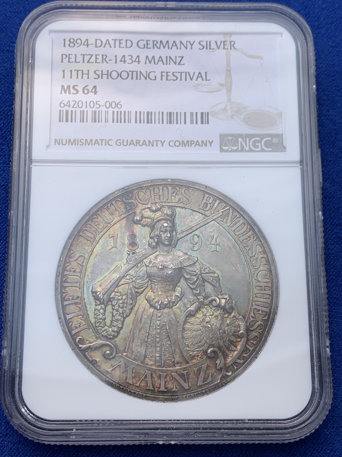 《竞宝斋》圣诞专辑  第一场  第227场 定制纪念章相赠 (全场顺丰包邮) NGC MS64 1894年德国美因茨射击节大银章，镜面五彩底板，正面人物高点俱在，背面城市景观惟妙惟肖，冠军分，一步到位，热门品种