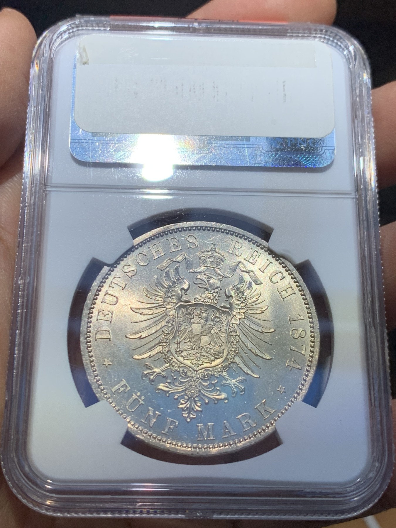 《竞宝斋》圣诞专辑  第一场  第227场 定制纪念章相赠 (全场顺丰包邮) NGC- MS65 德国 1874  威廉一世5马克银币 车轮十字光 带WINGS认证标签 实至名归