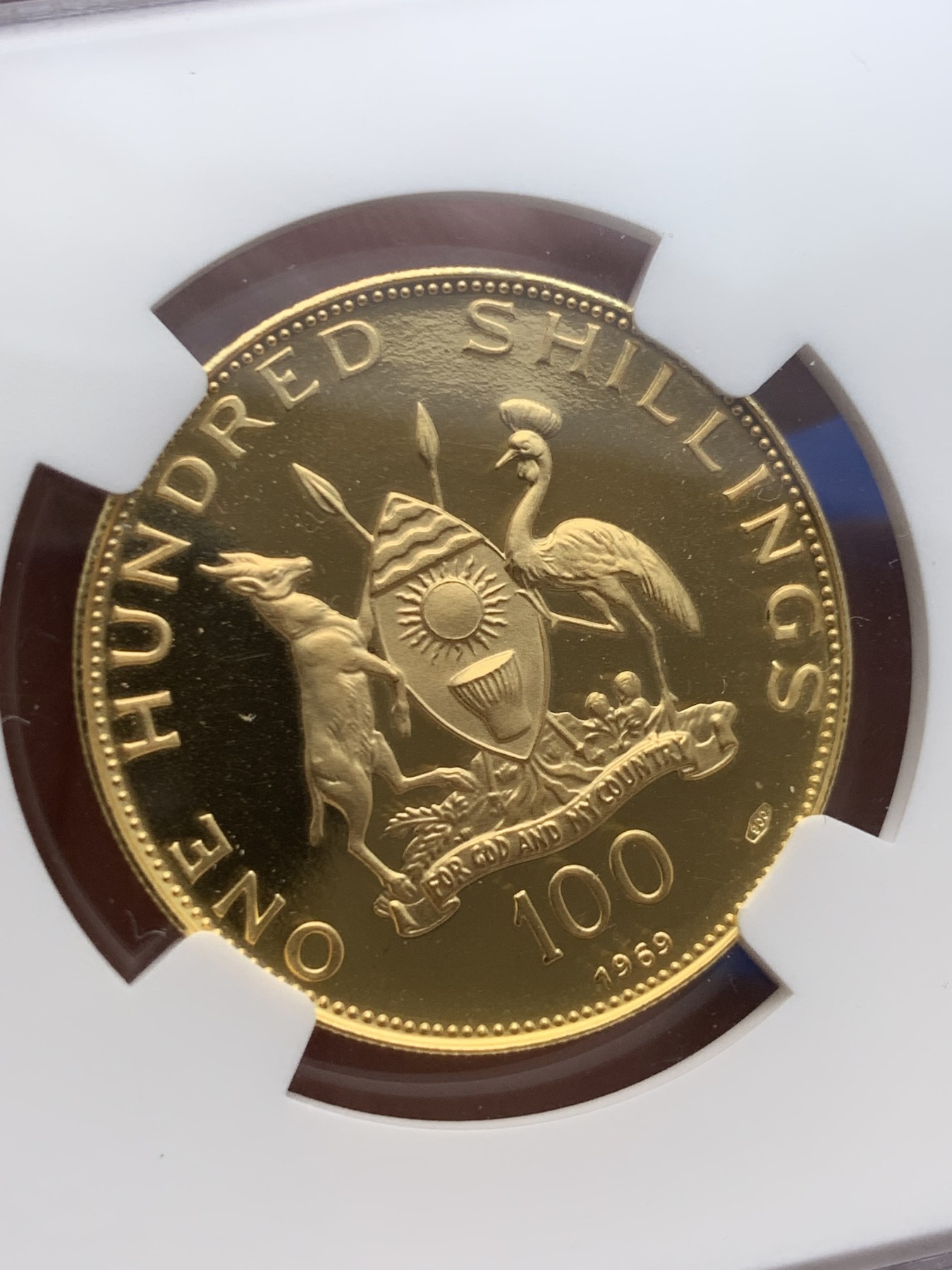 《竞宝斋》圣诞专辑  第一场  第227场 定制纪念章相赠 (全场顺丰包邮) NGC-PF69 UC 1969年乌干达100先令保罗六世到访金币   直径30MM 13.82克 900金 完美品相