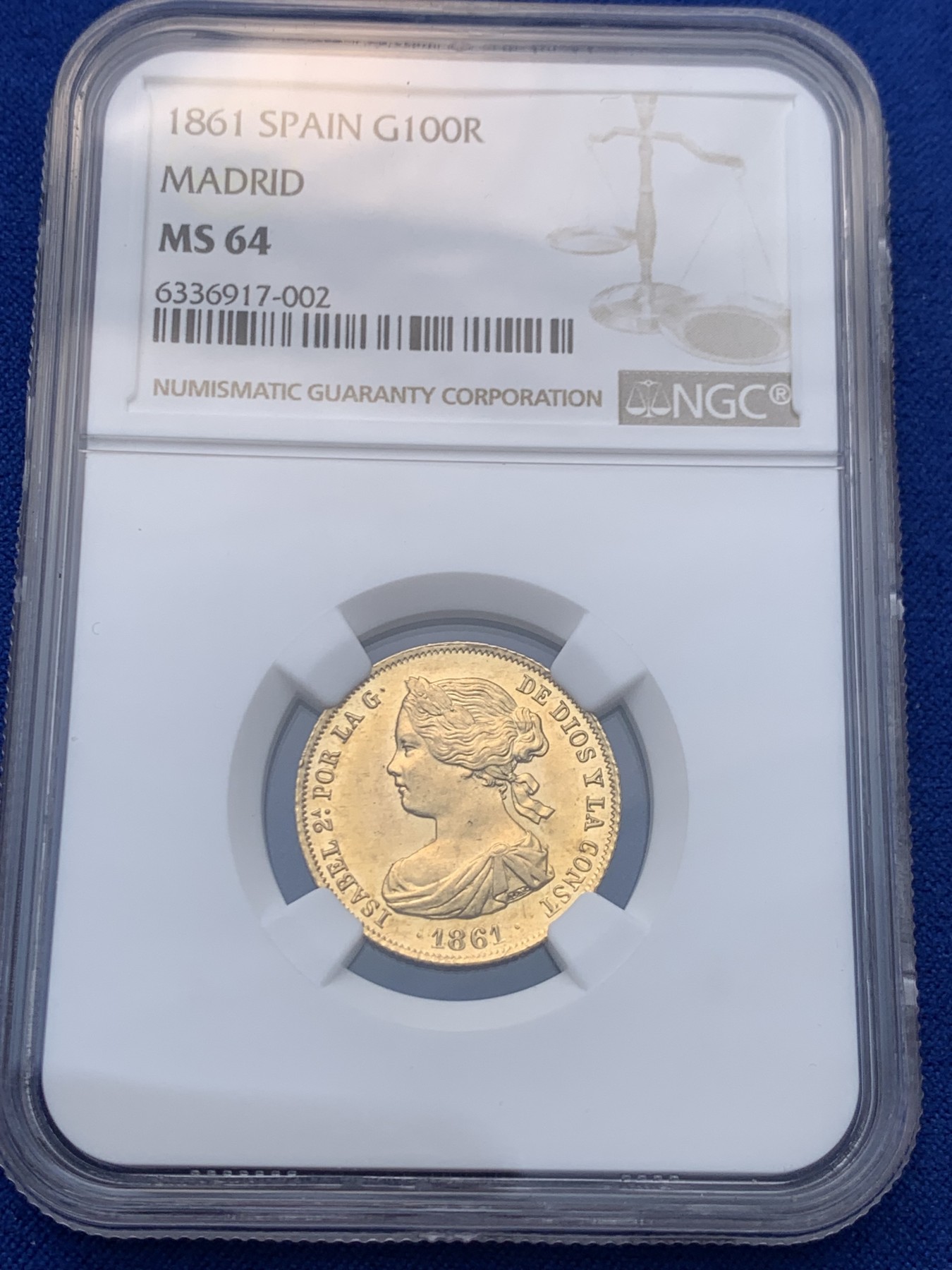 《竞宝斋》圣诞专辑  第一场  第227场 定制纪念章相赠 (全场顺丰包邮) NGC-MS64 西班牙 1861年 伊莎贝拉二世女王 马德里造100R金币（小猪妹） 难得一见的顶级品种 不容错过