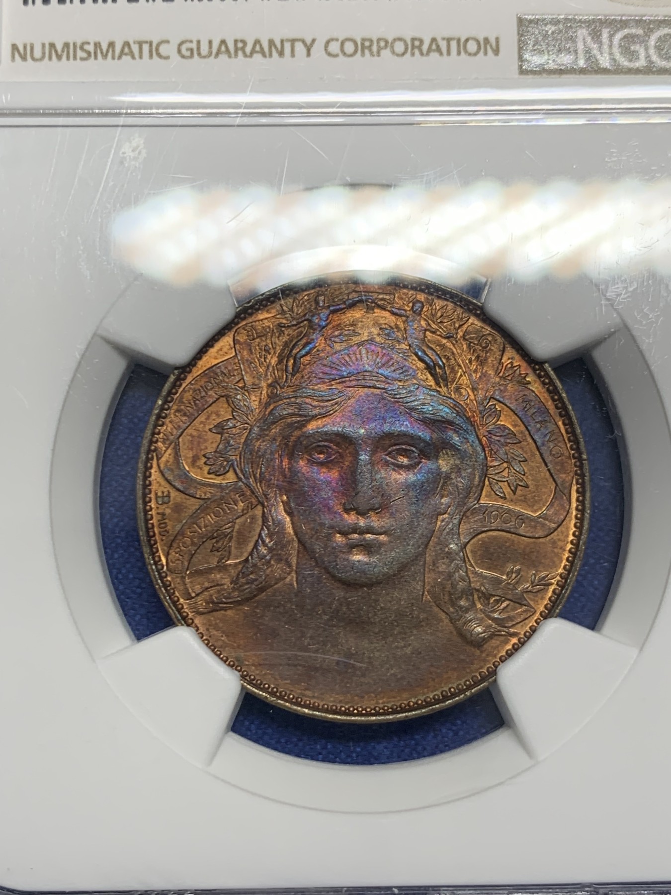 《竞宝斋》圣诞专辑  第一场  第227场 定制纪念章相赠 (全场顺丰包邮) NGC-MS62RB 意大利 1906年 米兰博览会纪念 20分铜币 稀少品种 RB的品相首拍 绝美人脸加五彩