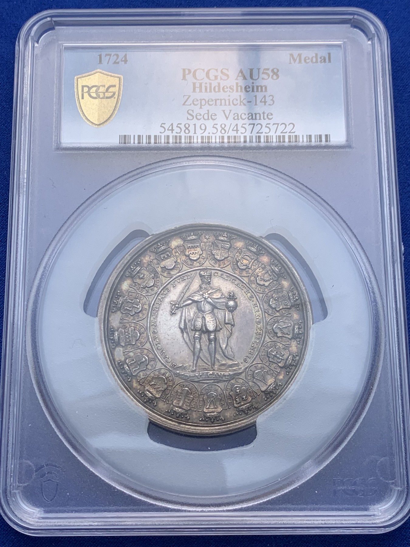 《竞宝斋》圣诞专辑  第一场  第227场 定制纪念章相赠 (全场顺丰包邮) PCGS-AU58 德国 1724年 希尔德斯海姆 宗座缺位 大银章 亚军分 双面老包浆 1.5泰勒大规格