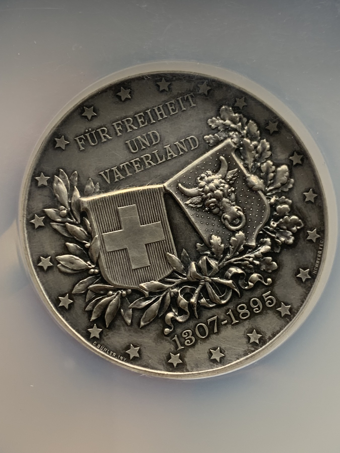 《竞宝斋》圣诞专辑  第一场  第227场 定制纪念章相赠 (全场顺丰包邮) NGC-MS62 瑞士 1895年 乌里州射击节大银章 厚重高浮雕 精致工艺 非常漂亮 NGC大盒