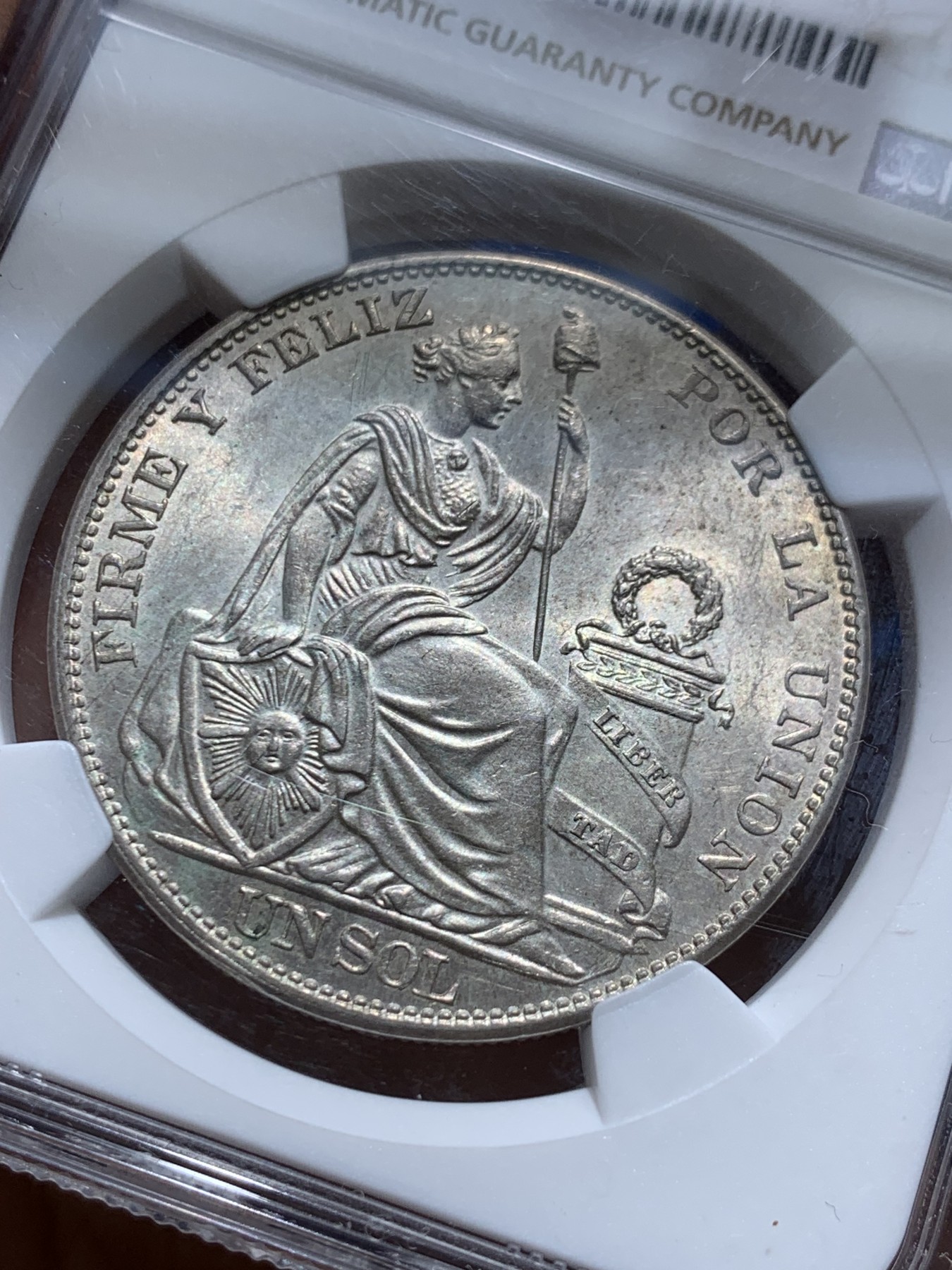 《竞宝斋》圣诞专辑  第二场  第228场 定制纪念章相赠 (全场顺丰包邮) NGC MS62 秘鲁1916年坐人女神1索尔银币 原味沉淀包浆 白净底板 带转光 收藏佳品