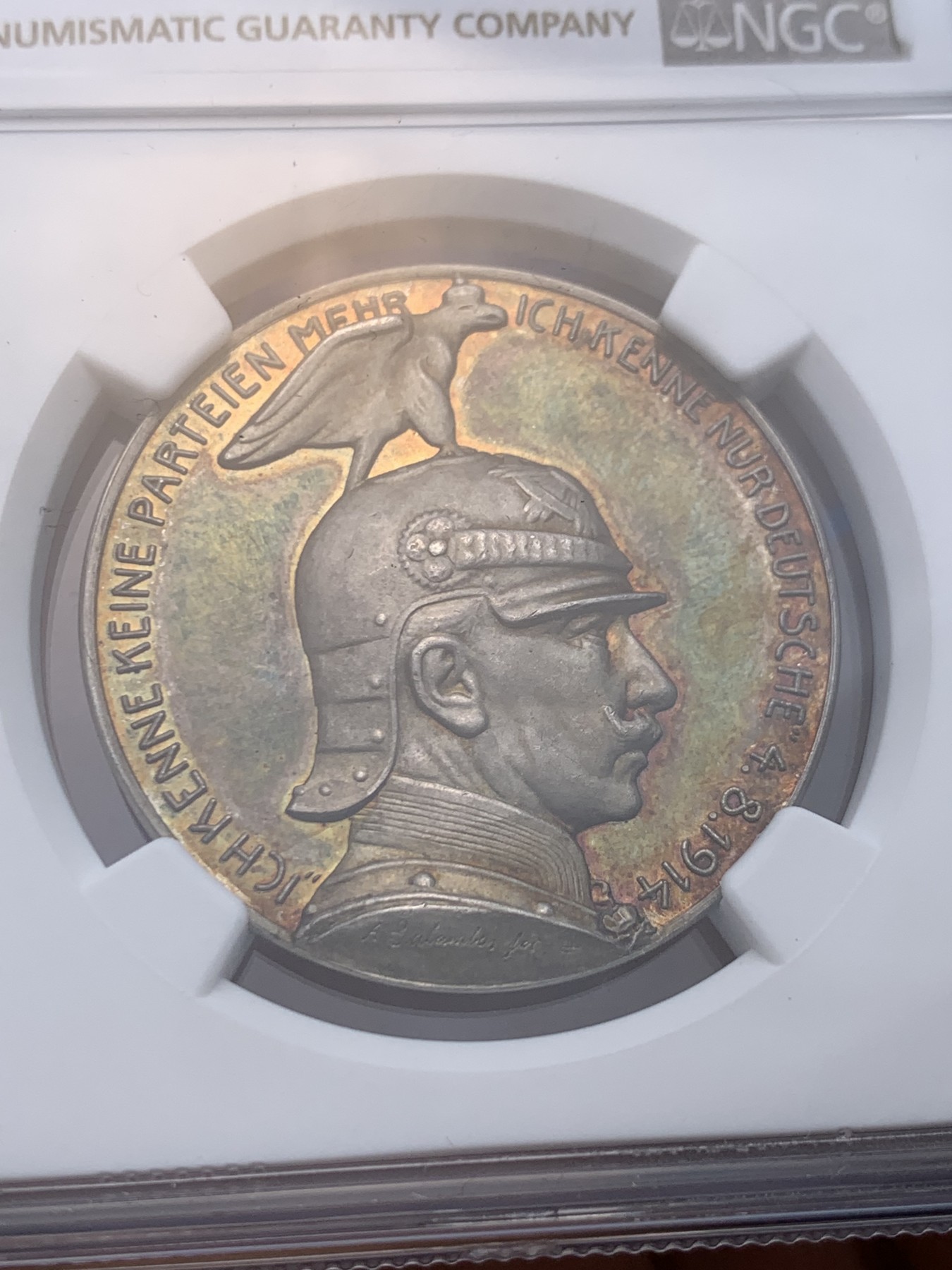 《竞宝斋》圣诞专辑  第一场  第227场 定制纪念章相赠 (全场顺丰包邮) NGC-MS63 德国 1914年 德皇威廉二世一战动员纪念高浮雕银章 绚丽五彩 ngc唯一亚军分 更高分只有一枚 一步到位的品相 足以自藏 麦稀奇今年9月同品种61分成交价含佣1617元