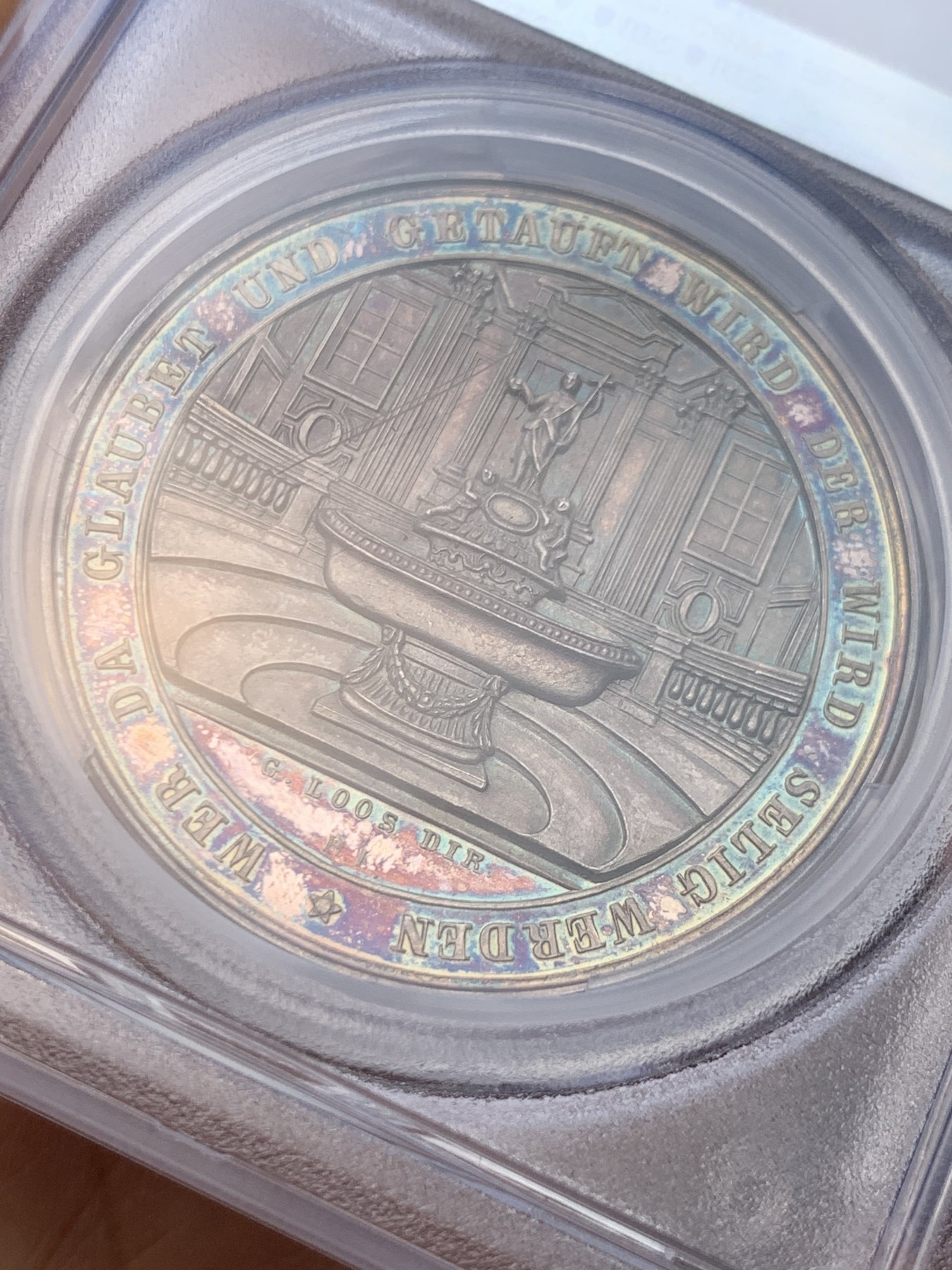《竞宝斋》圣诞专辑  第一场  第227场 定制纪念章相赠 (全场顺丰包邮) PCGS SP64 德国1800宗教洗礼银章，名家loos作品，五彩镭射完美品，封面广告章