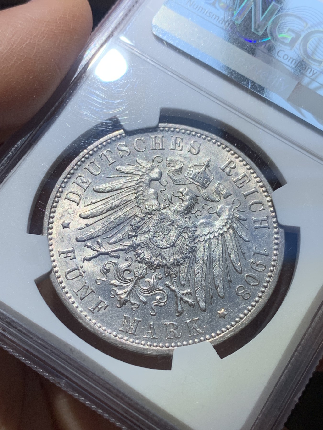 《竞宝斋》圣诞专辑  第一场  第227场 定制纪念章相赠 (全场顺丰包邮) NGC-MS62 德国 1908年 符腾堡5马克银币 流通马克高品难求，比巴伐利亚奥托少，NGC严评。