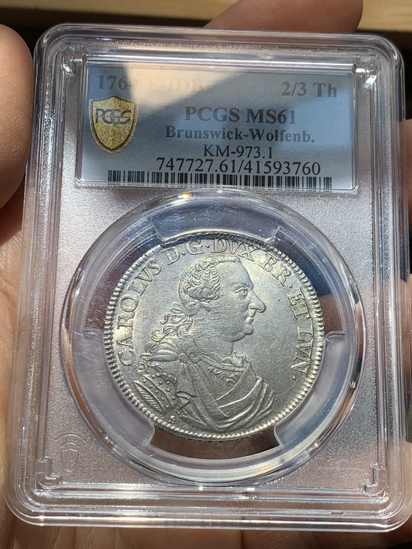 《竞宝斋》圣诞专辑  第一场  第227场 定制纪念章相赠 (全场顺丰包邮) PCGS-MS61 不伦瑞克（布伦瑞克）1764年飞马2/3泰勒银币，原味淡彩，设计精美，正面为公爵戎装像，背面小马设计栩栩如生，这个品种上ms非常难。