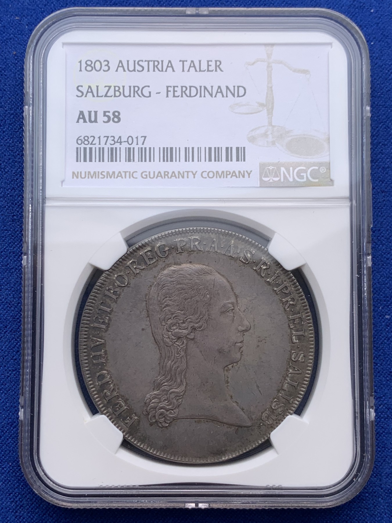 《竞宝斋》圣诞专辑  第二场  第228场 定制纪念章相赠 (全场顺丰包邮) NGC AU58 奥地利 哈布斯堡王朝 1803 斐迪南三世托斯卡纳大公 泰勒大银币  灰彩包浆 底板光亮 细节好 低评状态