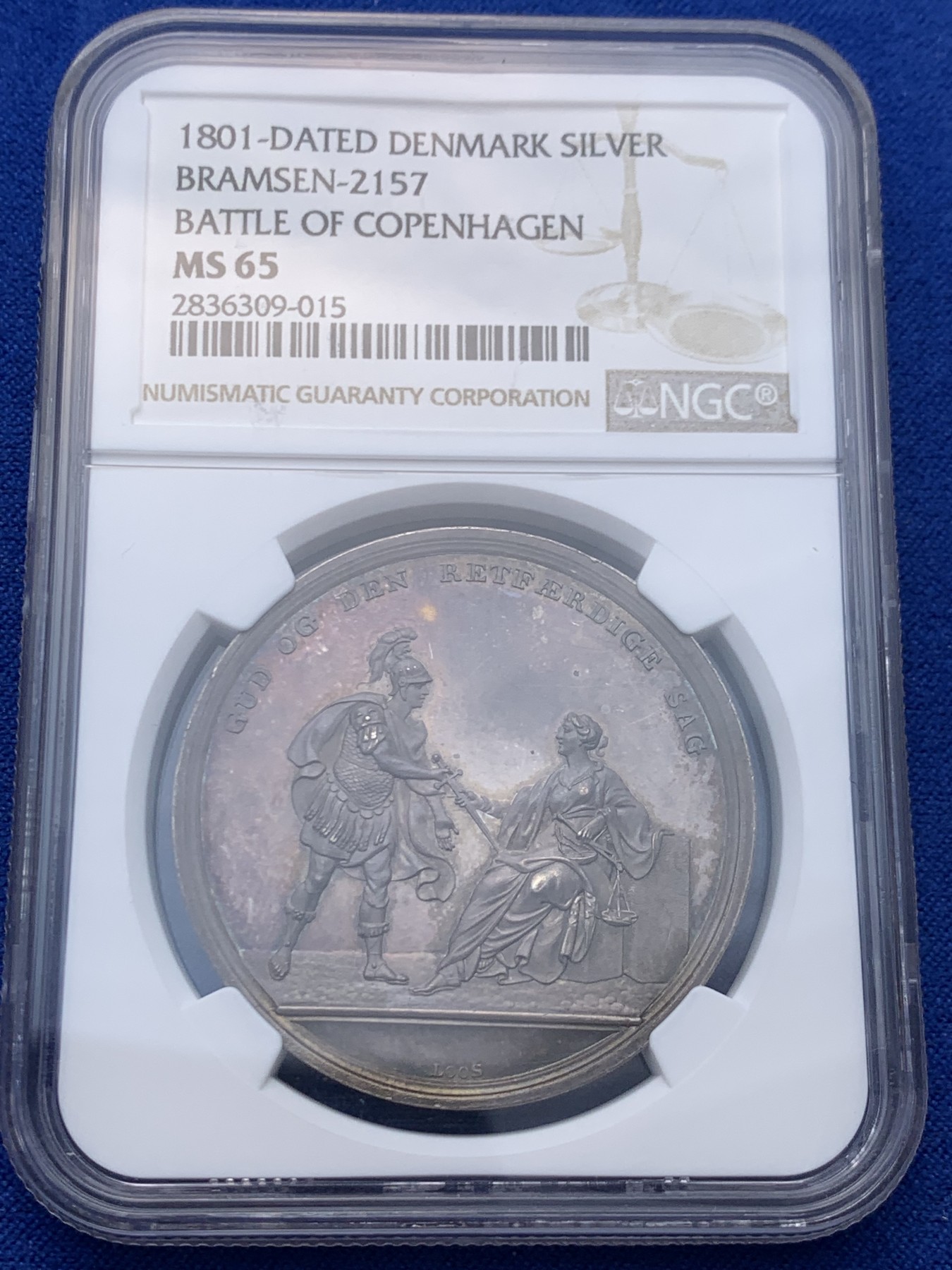 《竞宝斋》圣诞专辑  第一场  第227场 定制纪念章相赠 (全场顺丰包邮) NGC MS65 丹麦1801银章，哥本哈根战役，名家loos经典之作。镜面五彩冠军分数完美品。