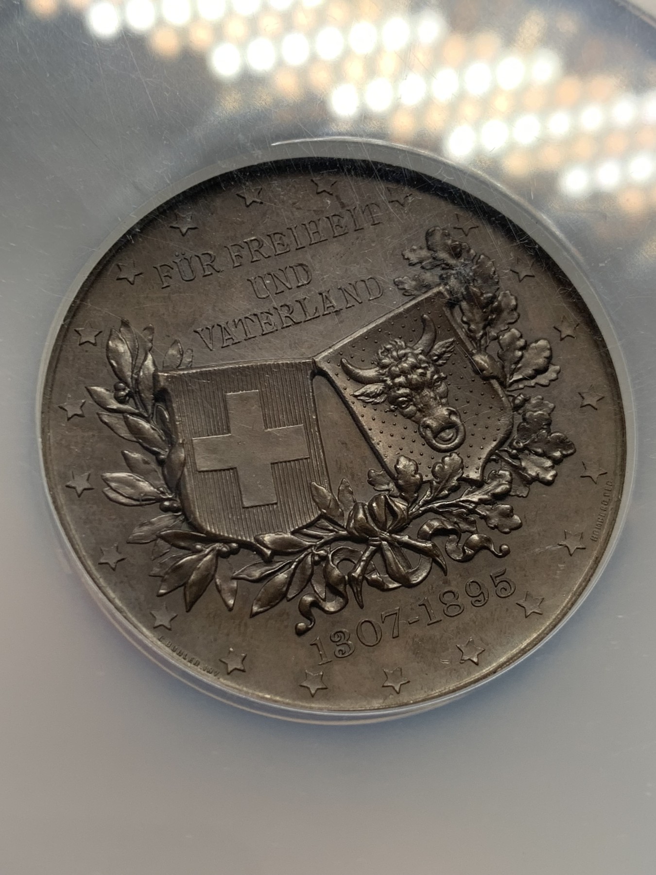 《竞宝斋》圣诞专辑  第一场  第227场 定制纪念章相赠 (全场顺丰包邮) NGC-MS62BN 瑞士 1895年 乌里州射击节大铜章 厚重高浮雕 精致工艺 NGC大盒