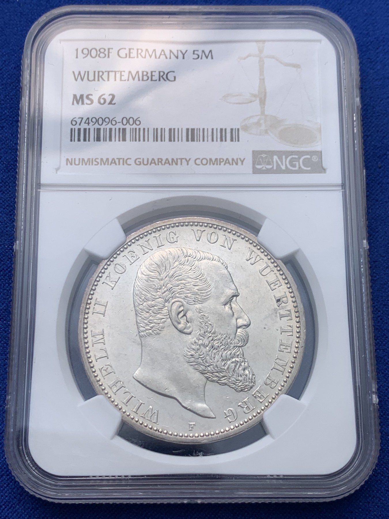 《竞宝斋》圣诞专辑  第一场  第227场 定制纪念章相赠 (全场顺丰包邮) NGC-MS62 德国 1908年 符腾堡5马克银币 流通马克高品难求，比巴伐利亚奥托少，NGC严评。
