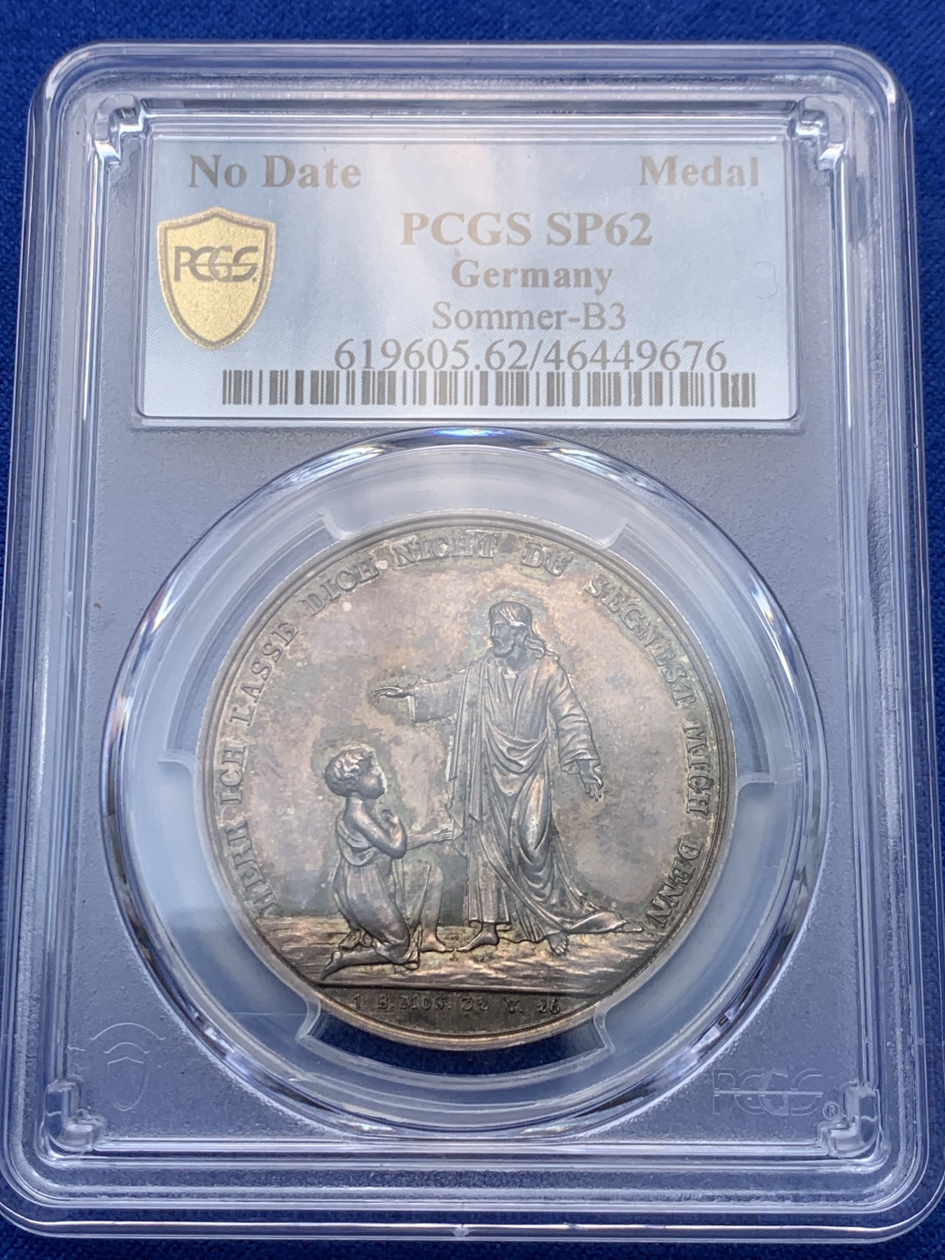 《竞宝斋》圣诞专辑  第一场  第227场 定制纪念章相赠 (全场顺丰包邮) PCGS-SP62 德国 19世纪 宗教银章 背面十字架+圣杯设计 精致工艺 绚丽五彩包浆 非常漂亮