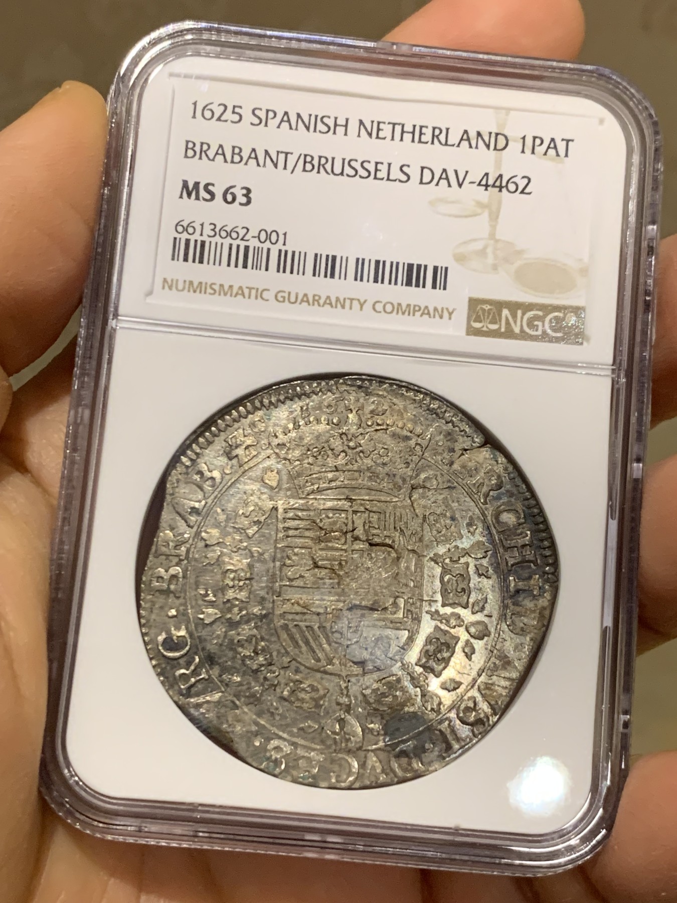 《竞宝斋》圣诞专辑  第一场  第227场 定制纪念章相赠 (全场顺丰包邮) NGC-MS63 1625年西属尼德兰1巴塔贡大银币 地球之王费利佩四世时期铸造，工艺问题导致币胚缺陷，此币镜面底板，压力也不错，是唯一评级记录