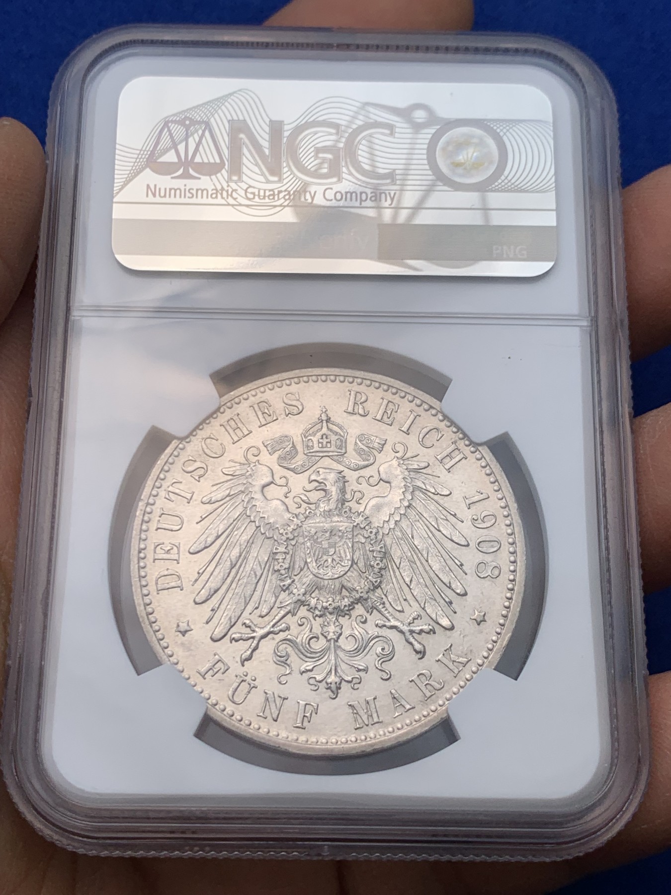 《竞宝斋》圣诞专辑  第一场  第227场 定制纪念章相赠 (全场顺丰包邮) NGC-MS62 德国 1908年 符腾堡5马克银币 流通马克高品难求，比巴伐利亚奥托少，NGC严评。