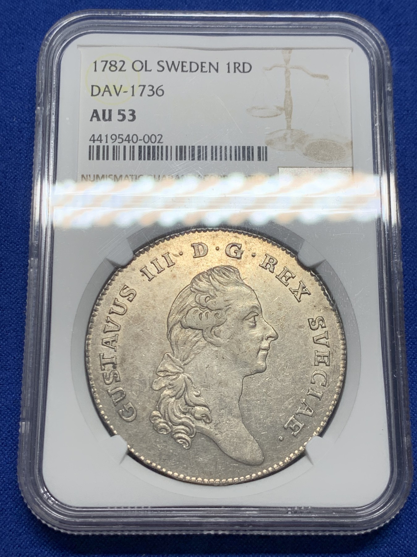 《竞宝斋》圣诞专辑  第一场  第227场 定制纪念章相赠 (全场顺丰包邮) NGC AU53 瑞典1782年里克斯大银币