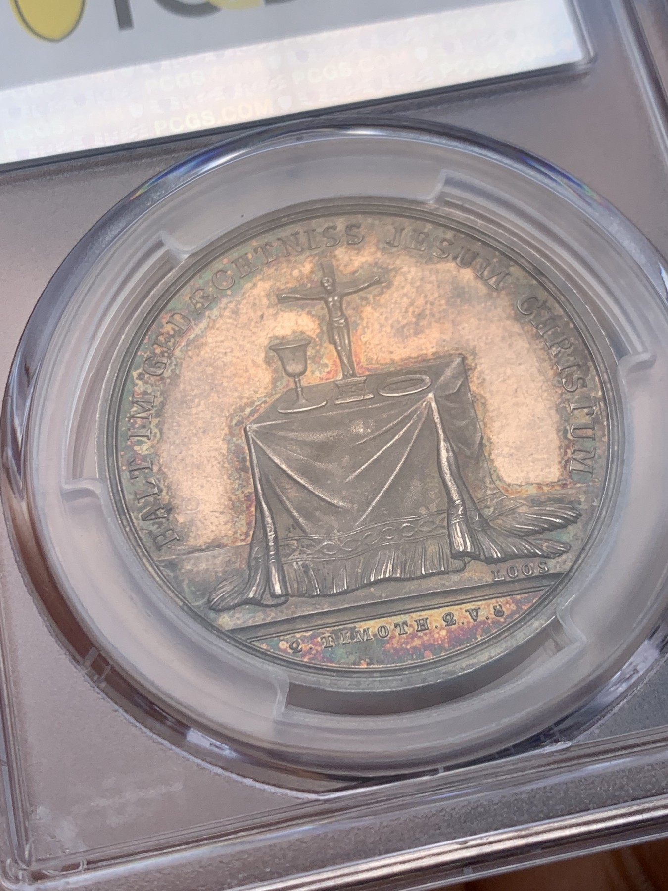 《竞宝斋》圣诞专辑  第一场  第227场 定制纪念章相赠 (全场顺丰包邮) PCGS-SP62 德国 19世纪 宗教银章 背面十字架+圣杯设计 精致工艺 绚丽五彩包浆 非常漂亮