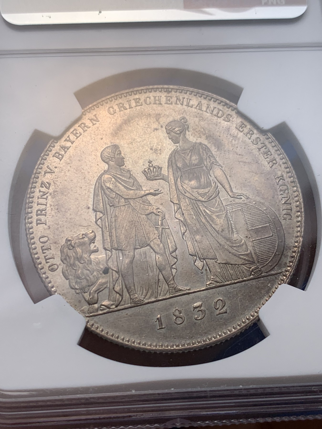 《竞宝斋》圣诞专辑  第一场  第227场 定制纪念章相赠 (全场顺丰包邮) NGC-UNCD 德国巴伐利亚 1832年巴伐利亚的奥托王子登基当了希腊国王历史泰勒大银币，著名历史泰勒品种，正反带光底板好，性价比高