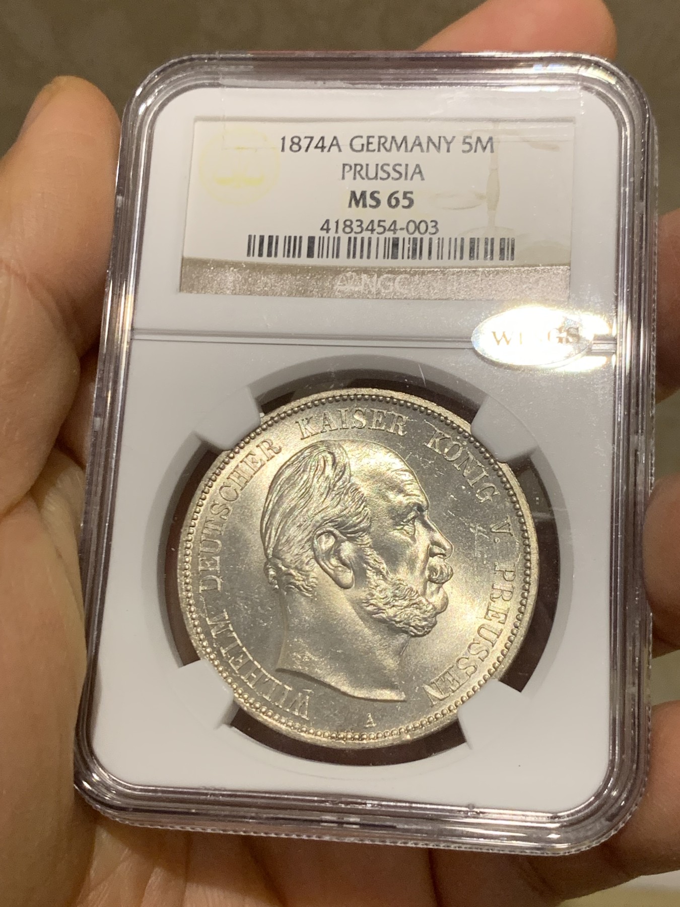 《竞宝斋》圣诞专辑  第一场  第227场 定制纪念章相赠 (全场顺丰包邮) NGC- MS65 德国 1874  威廉一世5马克银币 车轮十字光 带WINGS认证标签 实至名归