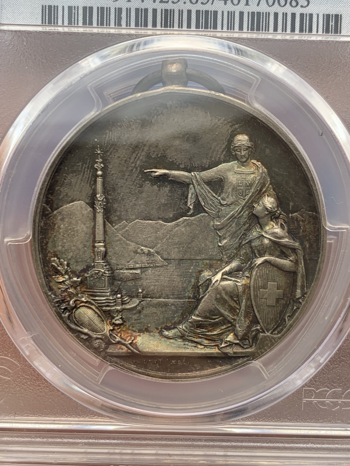 《竞宝斋》圣诞专辑  第一场  第227场 定制纪念章相赠 (全场顺丰包邮) PCGS-SP65 瑞士 1898年 蒂奇诺独立100周年 银章 五彩包浆 精致工艺 PC加厚盒 唯一冠军分