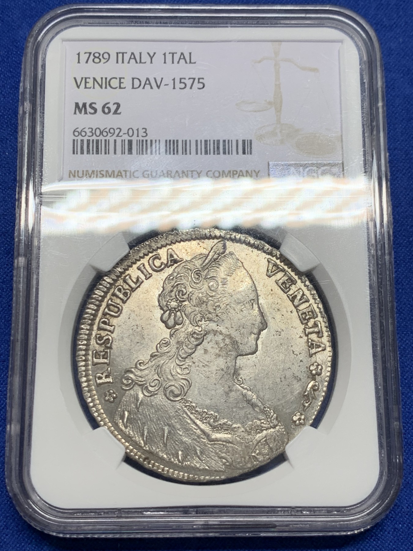 《竞宝斋》圣诞专辑  第一场  第227场 定制纪念章相赠 (全场顺丰包邮) NGC-MS62 意大利 威尼斯 1789年 泰勒 威尼斯飞狮纪念大银币 背部狮子浮雕生动 造型古朴雅致 NGC冠军分