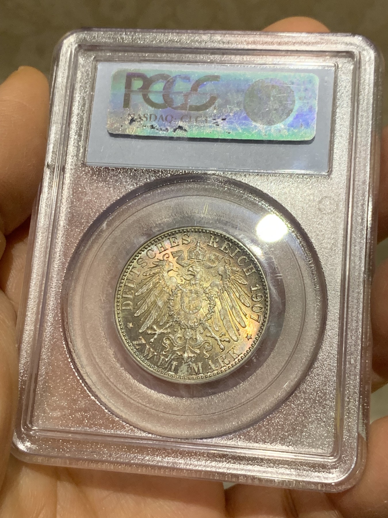 《竞宝斋》圣诞专辑  第一场  第227场 定制纪念章相赠 (全场顺丰包邮) PCGS MS67，德国1907巴登逝世纪念2马克银币，五彩包浆车轮光，2020年1月，SBP拍品，240美金，注:老白盒配官方高清图极罕见
