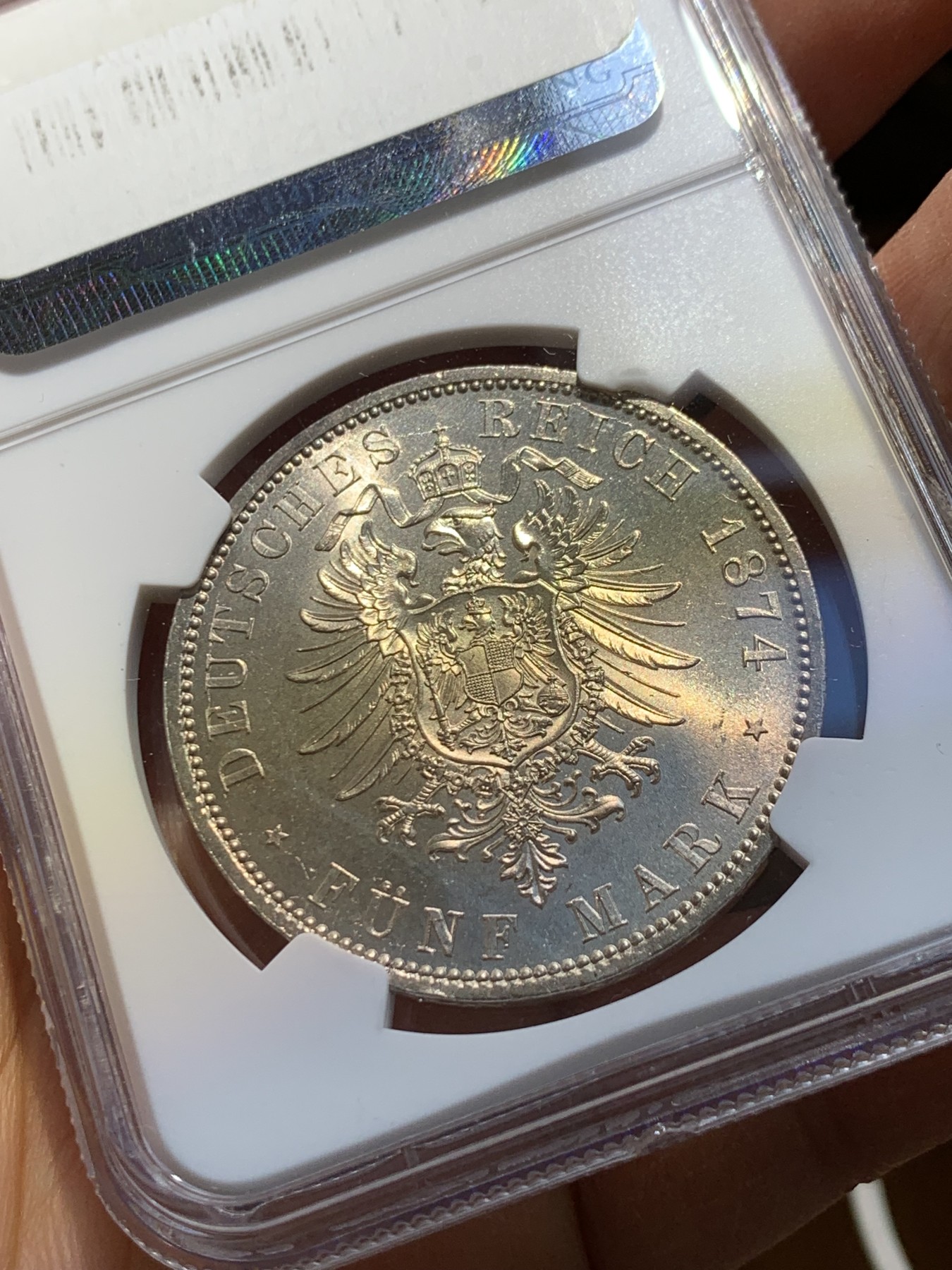 《竞宝斋》圣诞专辑  第一场  第227场 定制纪念章相赠 (全场顺丰包邮) NGC- MS65 德国 1874  威廉一世5马克银币 车轮十字光 带WINGS认证标签 实至名归